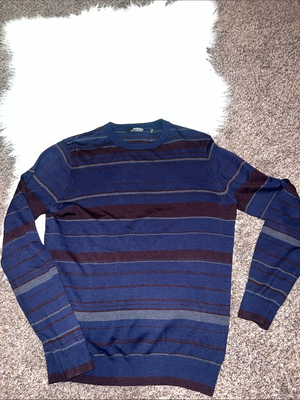 Murano Men's Navy and Burgundy Striped Crewneck Sweater